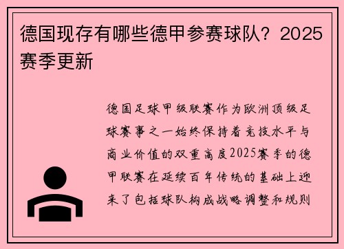 德国现存有哪些德甲参赛球队？2025赛季更新
