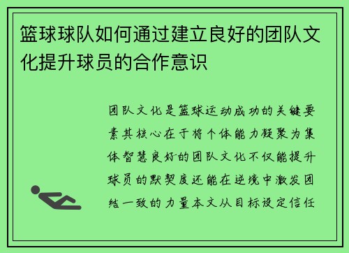 篮球球队如何通过建立良好的团队文化提升球员的合作意识